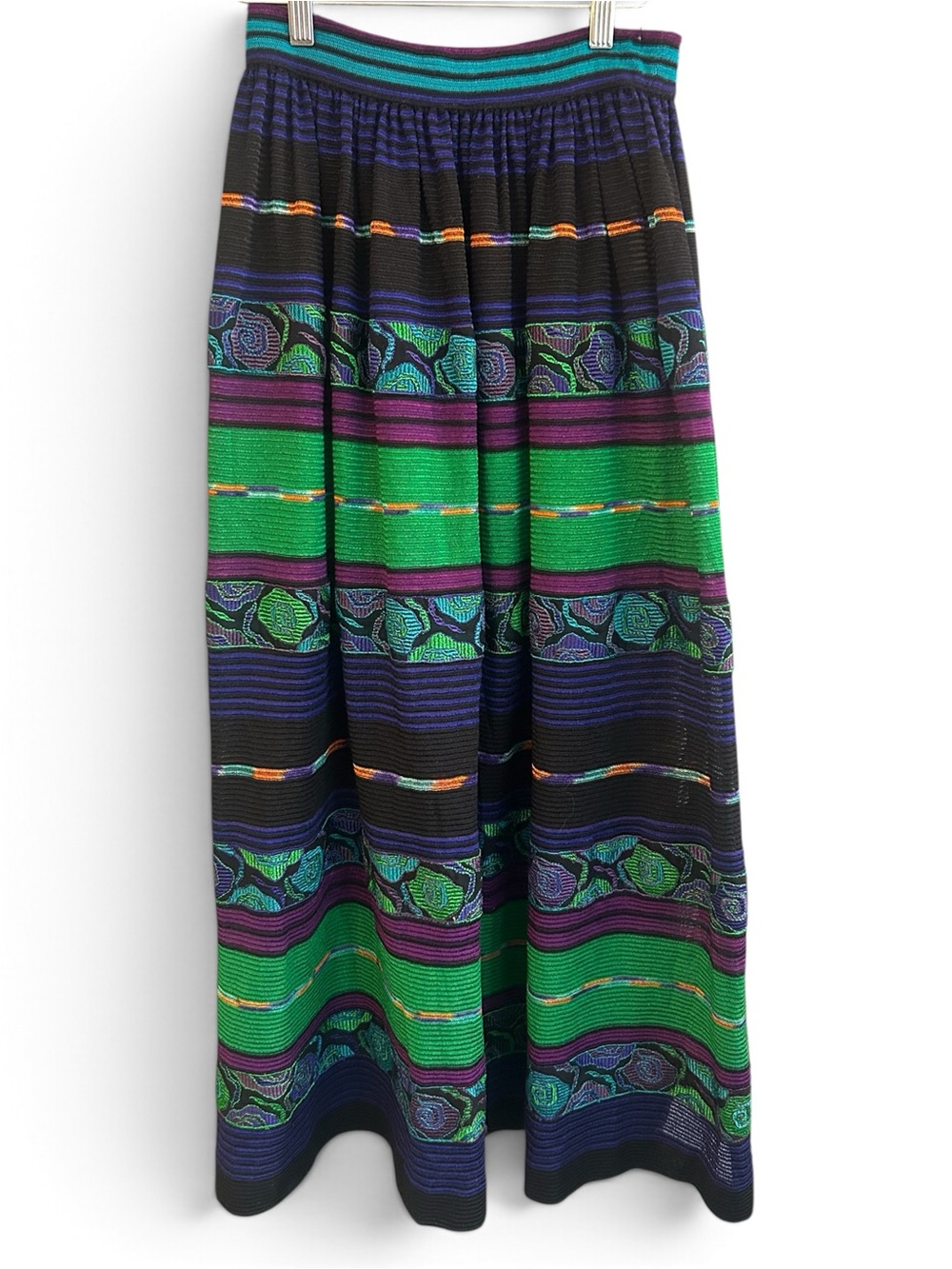 Missoni Vintage 80s Knitted Green & Purple Patterned & Striped Maxi Skirt L
